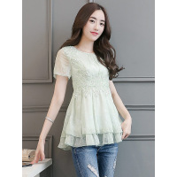 丝柏舍夏装2019女韩版圆领短袖绣花拼接收腰雪纺衫S72R1180S
