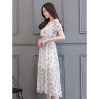 丝柏舍2019春装女装印花圆领露肩短袖中长款连衣裙S72R1195L