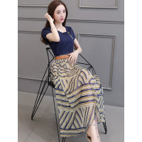 丝柏舍2019夏季新款女装短袖圆领拼色收腰中长款连衣裙S72R1221L