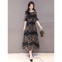 丝柏舍2019夏装韩版优雅印花喇叭袖修身长款连衣裙S82B1711L