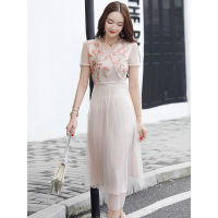 丝柏舍2019夏装女装时尚淑女V领绣花中长款连衣裙S82R1021L