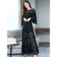 丝柏舍春装女2019纯色镂空上衣搭宽松阔腿裤套装潮S91B0209N