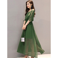 丝柏舍春装2019款女气质简约纯色收腰长款雪纺连衣裙S91B0425L