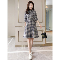 丝柏舍春装女2019衬衫领长袖格子A字型宽松连衣裙S91R0305L