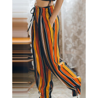 丝柏舍2019新款女春装印花度假条纹宽松长款沙滩休闲裤S91R0633K