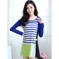 丝柏舍2019春装女装圆领条纹撞色中长款长袖套头针织衫069365