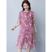 丝柏舍2019夏装女圆领碎花中袖宽松百搭雪纺连衣裙S72E0052L