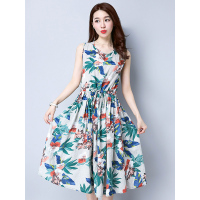 丝柏舍2019夏圆领无袖系带收腰中长款印花连衣裙女S72F0090L