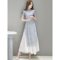 丝柏舍2019夏装立领短袖文艺气质修身长款连衣裙女S72R0861L