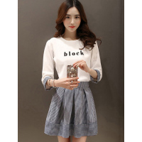 丝柏舍2019春季女装圆领七分袖上衣搭条纹半身裙套装S71R0548