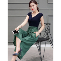 丝柏舍2019春款女装性感V领上衣拼接宽松连体裤S72R0368