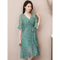 丝柏舍2019夏装韩版V领荷叶袖碎花中款雪纺连衣裙S72R1067L