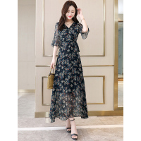 丝柏舍春装2019女V领清新淑女五分袖印花长款连衣裙S82B1230L
