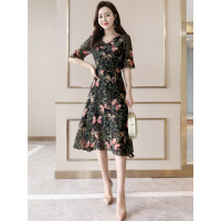 丝柏舍2019女装夏装韩版印花V领喇叭袖中长款连衣裙S82B1804L