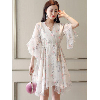 丝柏舍2019夏女时尚气质V领不规则下摆短款连衣裙S92R0647L