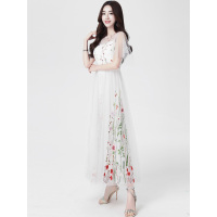 丝柏舍2019年夏装网纱收腰绣花仙女大摆长款连衣裙S82R0717L