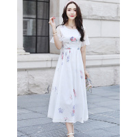 丝柏舍2019夏装女装时尚韩版印花喇叭袖长款连衣裙S82R0753L