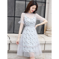 丝柏舍2019夏装女小清新印花网纱拼接圆领五分袖小碎花连衣裙S82R0895L