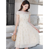 丝柏舍夏装2019女韩版圆领短袖网纱收腰中款A字型连衣裙S82R1067L