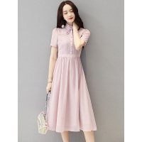 丝柏舍2019夏装女时尚花边立领短袖中长款连衣裙S82R1231L