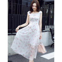 丝柏舍2019夏装女装圆领短袖碎花飘逸中长款连衣裙S82R1248L