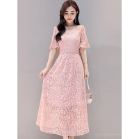 丝柏舍2019女装夏装纯色V领收腰喇叭袖中长款连衣裙S82R2008L