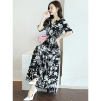 丝柏舍2019夏装女装时尚V领喇叭袖印花长款连衣裙S82R2091L