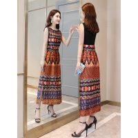 丝柏舍2019夏装女气质圆领印花无袖民族风长款连衣裙S82R2095L