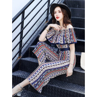 丝柏舍2019夏女装一字领印花阔腿连体裤（配腰带）S82R2168P