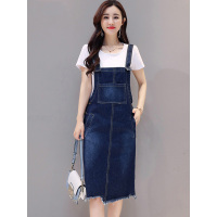 丝柏舍2019夏装女装时髦套装纯色T恤搭牛仔背带裙S82T1749N