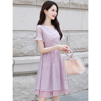 丝柏舍2019夏季女装时尚淑女绣花圆领喇叭袖连衣裙S82R1098L