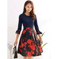 丝柏舍2019夏季时尚简约气质撞色印花中长大摆连衣裙S62A0325