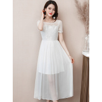 丝柏舍2019夏装女装圆领绣花拼接收腰气质长款连衣裙S72R0149