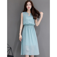 丝柏舍夏季2019纯色清新圆领无袖网纱飘逸连衣裙女S72R1486L