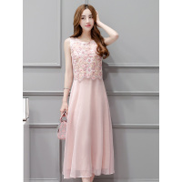 丝柏舍2019夏装女圆领绣花无袖收腰修身长款连衣裙S72R0458