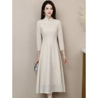 丝柏舍2019春装女立领优雅盘扣收腰修身长款连衣裙S81R0901L