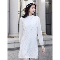 丝柏舍2019年夏季女装纯色圆领长袖简约气质连衣裙S81T1046L