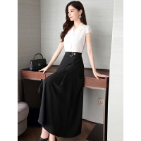 丝柏舍夏装2019款女V领短袖上衣搭开叉气质半身裙套装S82R1926N