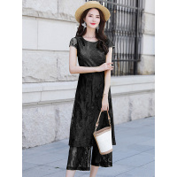 丝柏舍2020夏新女纯色圆领短袖中长款上衣搭阔腿裤套装S82B2174N