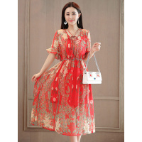 丝柏舍2019女装春装连衣裙V领收腰喇叭袖印花中长裙S82Q0111L