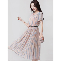 丝柏舍2019夏季女新款圆领竖纹花边袖收腰中长款连衣裙S82R0615L