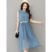 丝柏舍2019年夏季女装无袖圆领纯色中长飘逸连衣裙S82R0886L