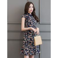 丝柏舍夏装2019女立领盘扣短袖修身印花短款连衣裙S72R0987L