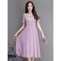 丝柏舍2019夏女士圆领纯色蓬蓬气质A字裙中长款连衣裙S72R1172L