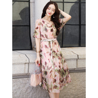 丝柏舍2019年夏女装中长款连衣裙圆领碎花收腰不规则气质仙女裙S82R1499L