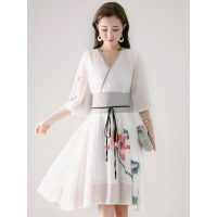 丝柏舍2019夏季连衣裙女七分袖气质复古印花中裙S82R0557L