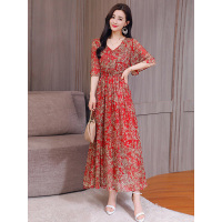 丝柏舍2019夏女V领中袖腰带收腰碎花中长款气质连衣裙S82R1810L