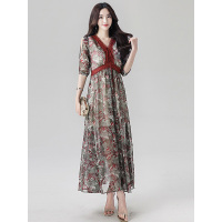 丝柏舍夏韩版印花女士V领五分袖长款大摆连衣裙S82R0820L