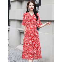 丝柏舍夏装2019女喇叭袖碎花休闲飘逸大摆连衣裙S82R1596L