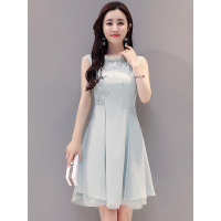 丝柏舍2019夏新圆领纯色无袖套头钉珠盘扣短款连衣裙S82R1099L